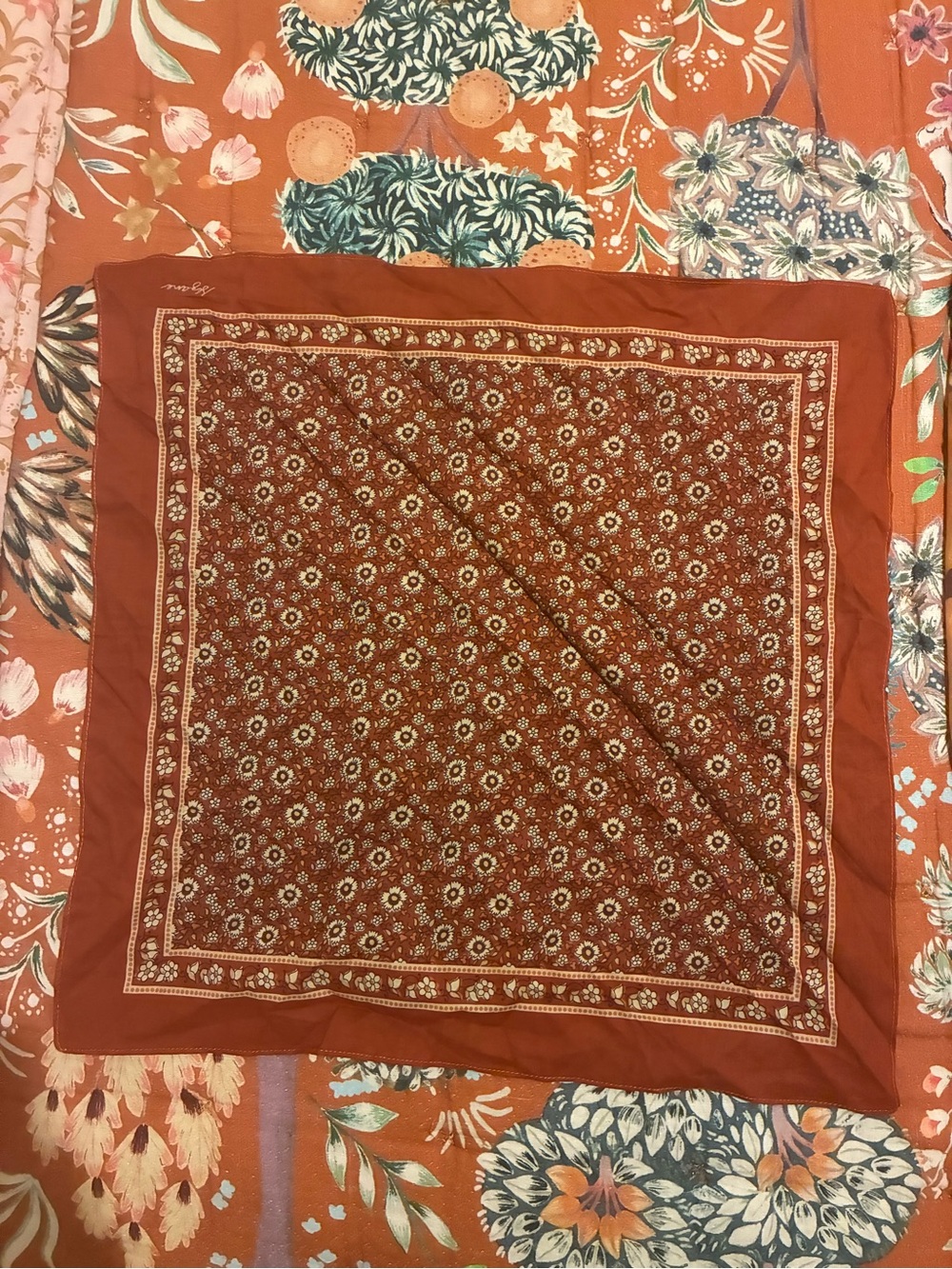 2 Sezane Floral Bandana Scarf - Rust and Green - Picture 2 of 7